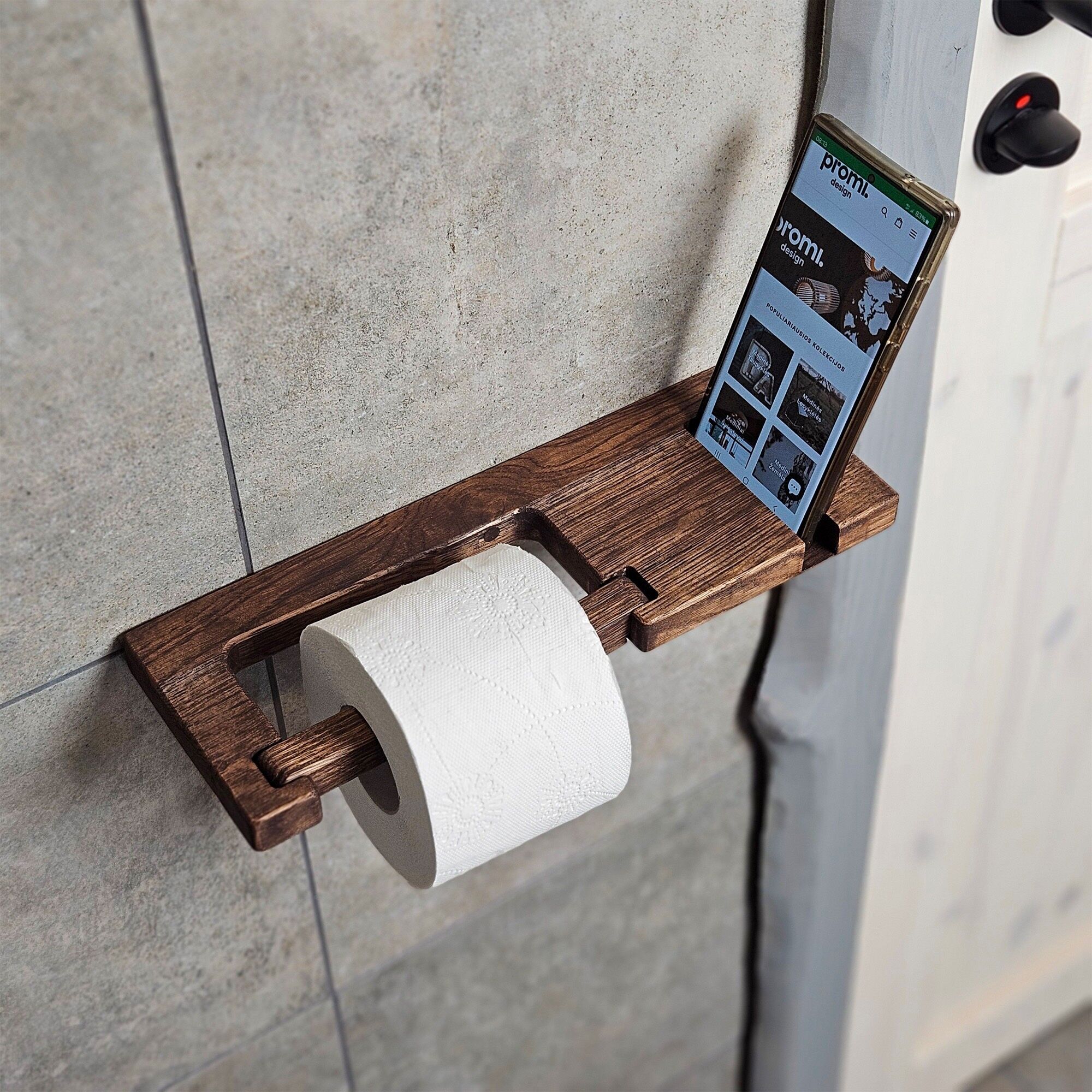 Rustic Wooden Toilet Paper Holder for Wall Mount Bathroom Decor, Farmhouse Style, Small Space Storage