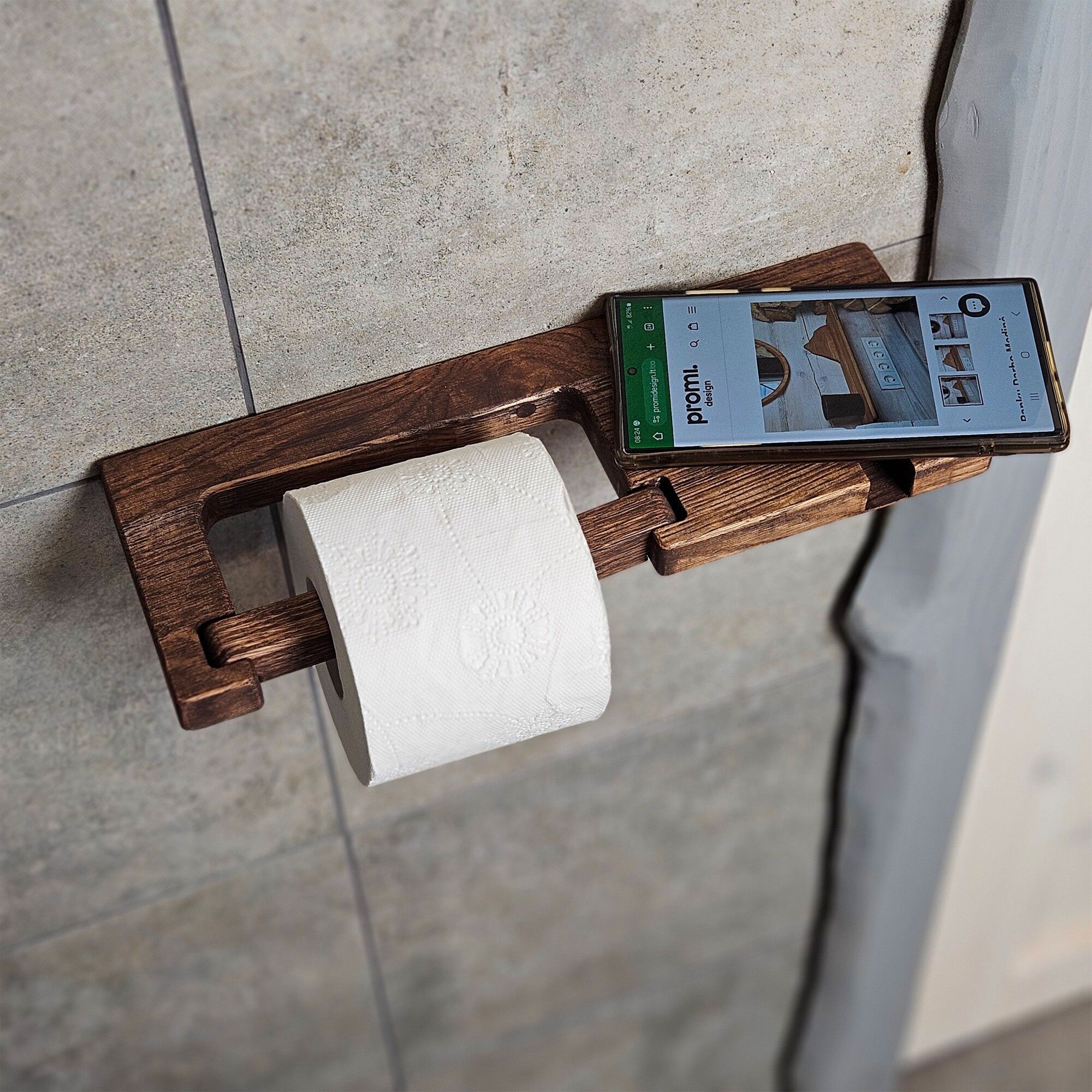 Rustic Wooden Toilet Paper Holder for Wall Mount Bathroom Decor, Farmhouse Style, Small Space Storage
