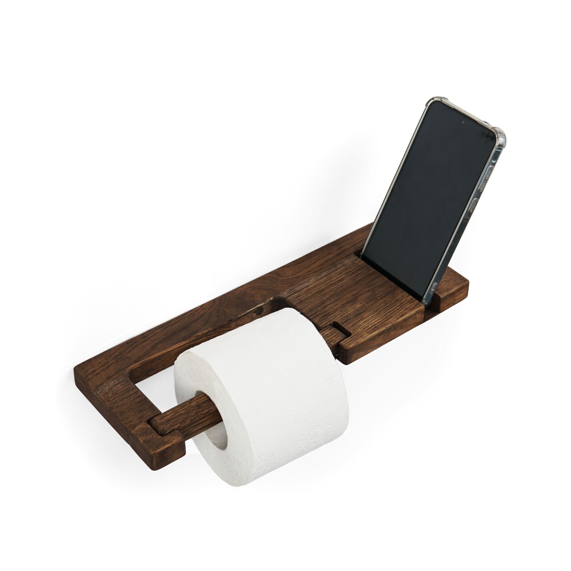 Rustic Wooden Toilet Paper Holder for Wall Mount Bathroom Decor, Farmhouse Style, Small Space Storage