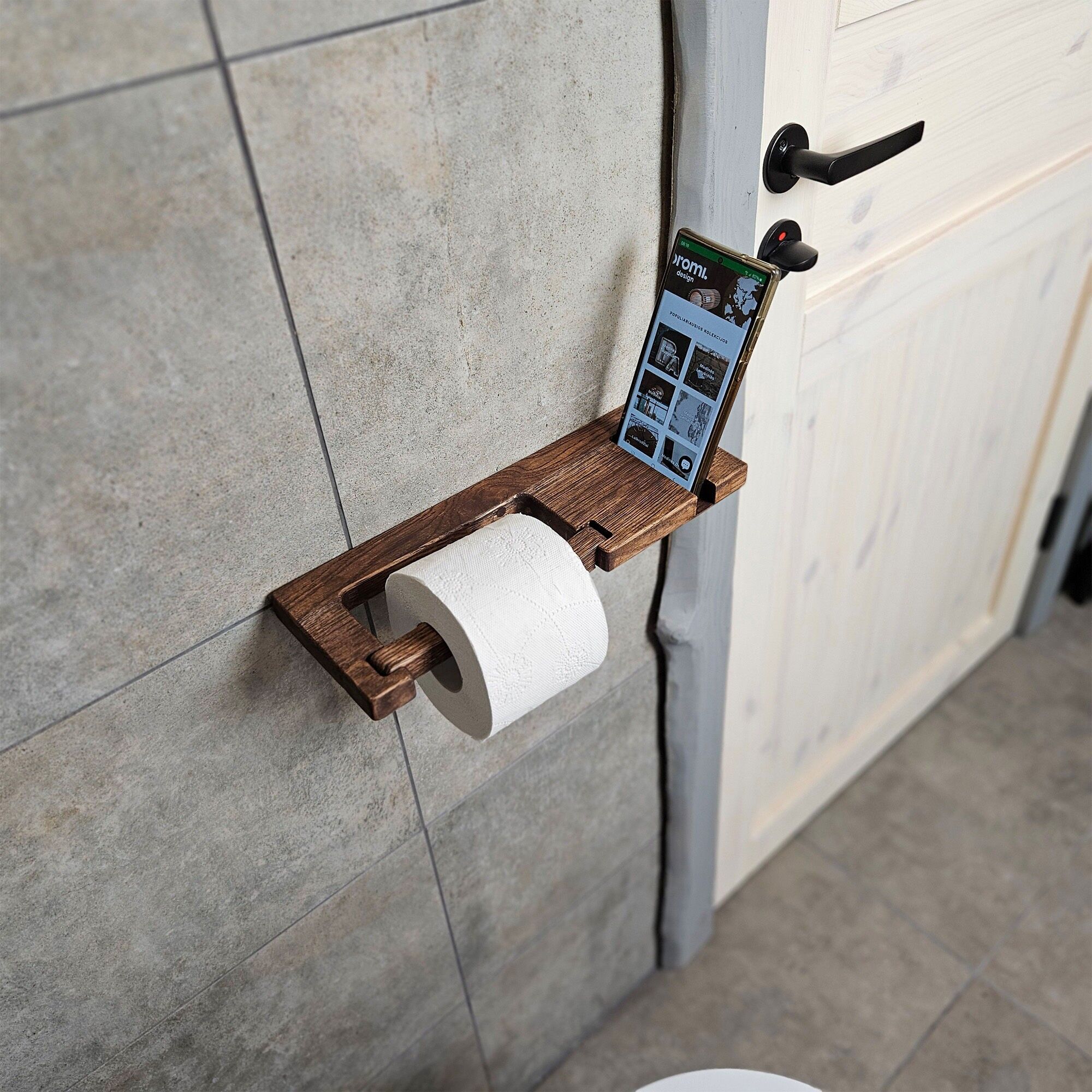 Rustic Wooden Toilet Paper Holder for Wall Mount Bathroom Decor, Farmhouse Style, Small Space Storage