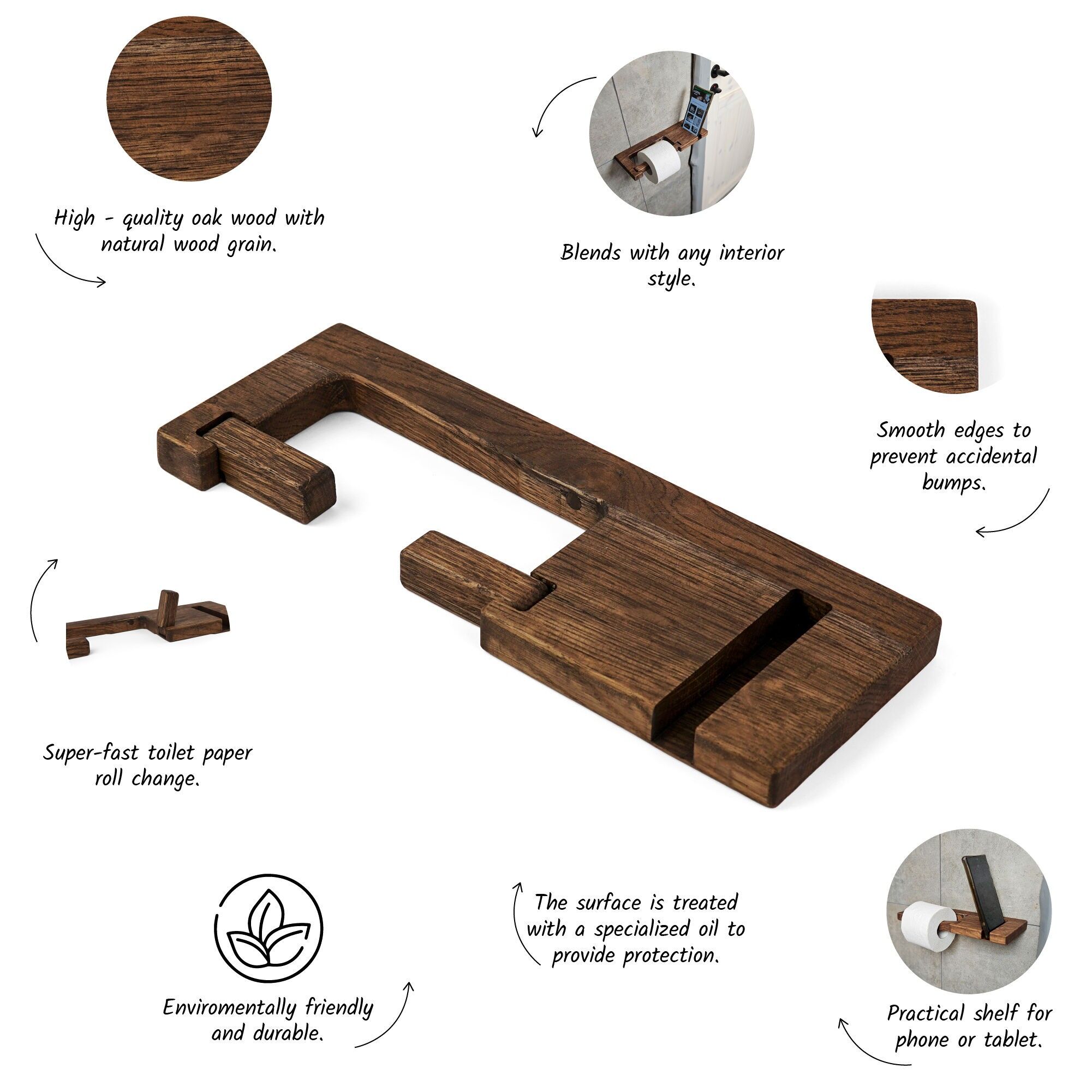 Rustic Wooden Toilet Paper Holder for Wall Mount Bathroom Decor, Farmhouse Style, Small Space Storage