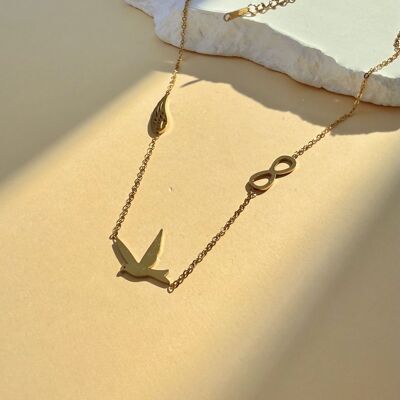 Stainless steel necklace with infinity bird angel wing motif