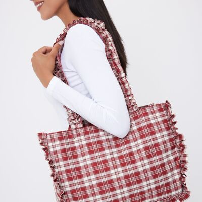 Sac fourre-tout à carreaux avec détails froncés en rouge