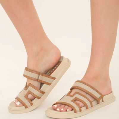 Tan PU Designer Strap Sandals (PACK OF 12 PAIRS UK3-UK8)