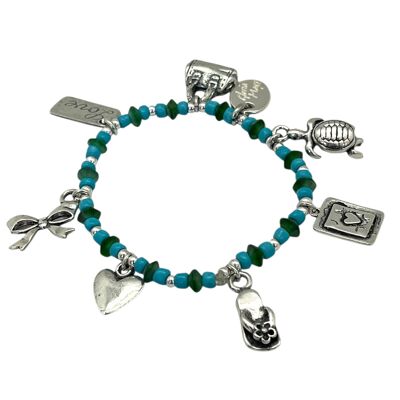 Elastic bracelet with 10µ silver charms and blue-toned resins