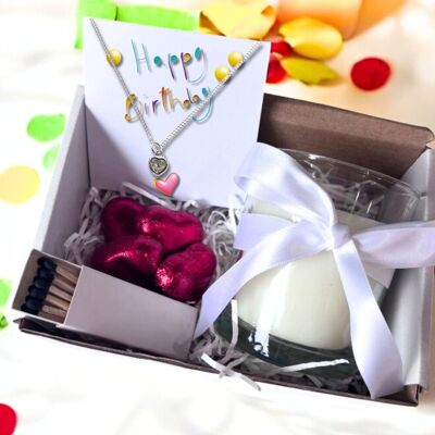 Small Happy Birthday Gift Hamper - Cubic Zirconia Heart Necklace, Chocolates & Candle