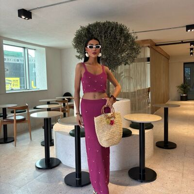 Conjunto de camiseta sin mangas con flores y perlas fucsia