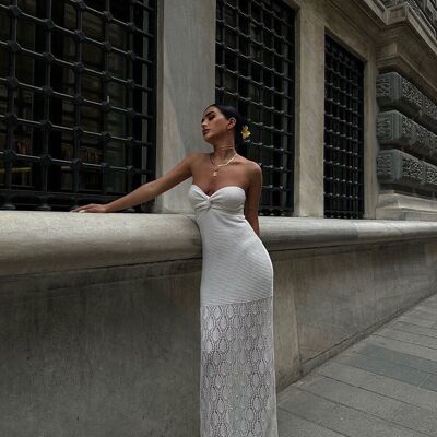 Ecru Strapless Dress in Openwork Knit