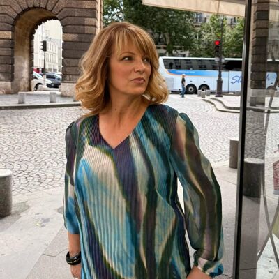 Pleated printed tunic, long sleeves, V-neck - Made in France G964AE58