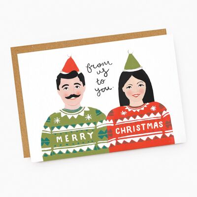 Biglietto di auguri per coppia con maglione natalizio "Da noi a te"