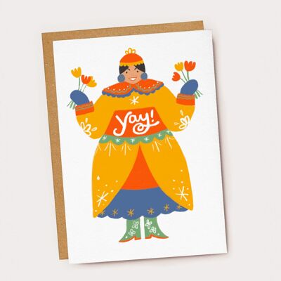 Yay! Yellow Folk Lady Celebration Card