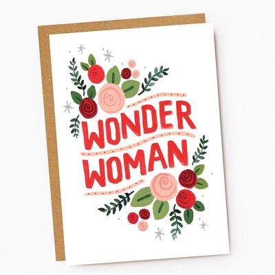 Wonder Woman - Red Floral Hand Lettered Card - Friend, Mum
