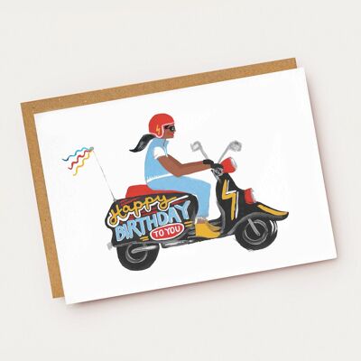 Biglietto di auguri di compleanno per ragazza con scooter retrò