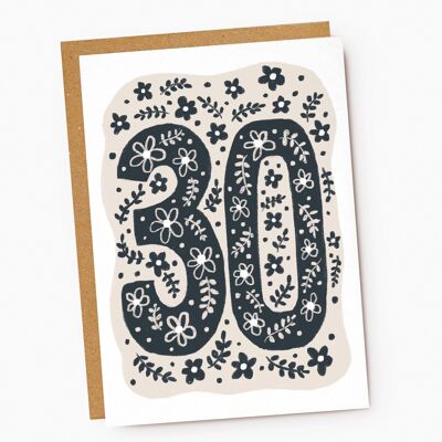 30th Birthday Card - Beige & Navy - Floral