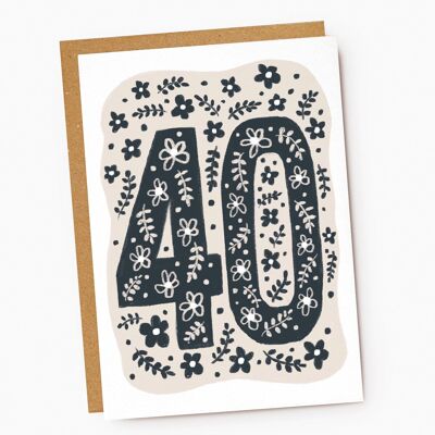 40th Birthday Card - Beige & Navy - Floral