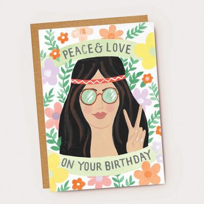 Tarjeta de cumpleaños hippie de paz y amor