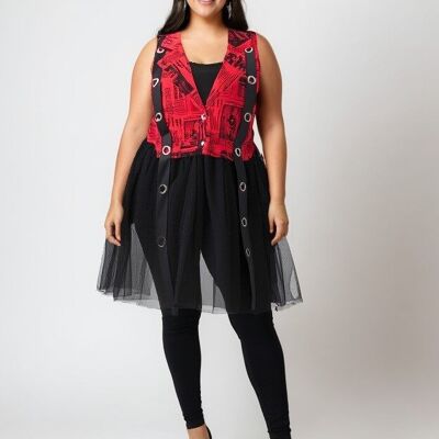 Two-material denim and red tulle vest (C6515&RED)