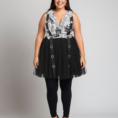 Two-material denim and white tulle vest (C6515&BLANC)