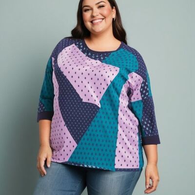 Plus size silky blouse with blue print (C6111&BLUE)