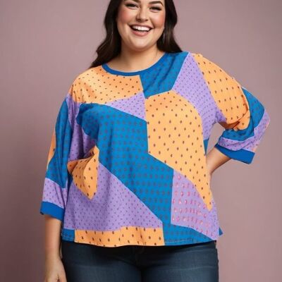 Plus size silky blouse with yellow print (C6111&YELLOW)