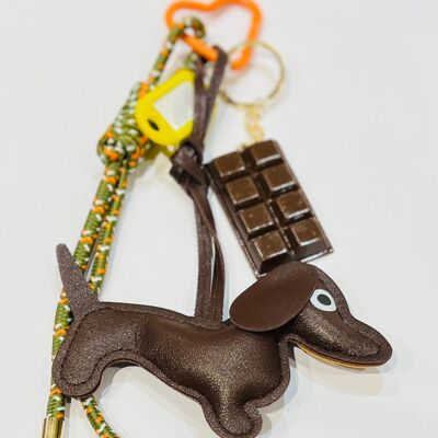 Dachshund bag accessory with fancy chocolate leather cords