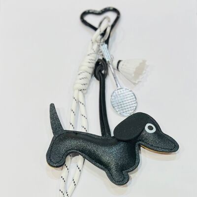 Dachshund bag accessory with leather cords for tennis rackets