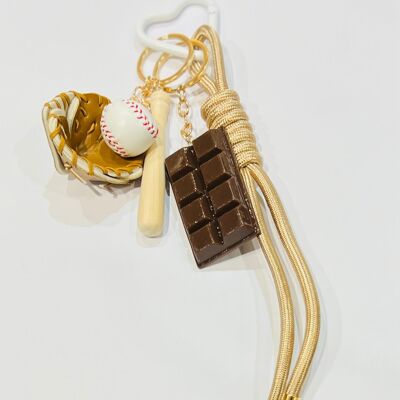 Chocolate Baseball Bat Glove Keychain Beige Cord