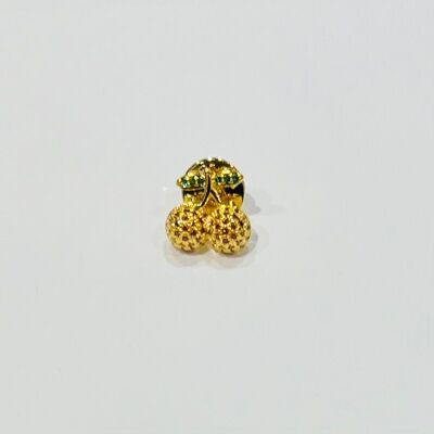 Broches de cereza dorados con diamantes de imitación marrones y hojas verdes