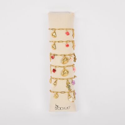 Cushion of 6 chain bracelets with charms – Stainless steel, ceramic & sea bamboo