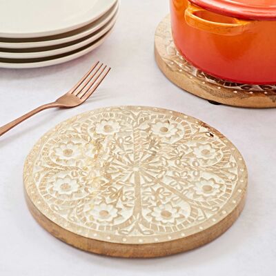 Round Floral Carved Mango Wood Trivet