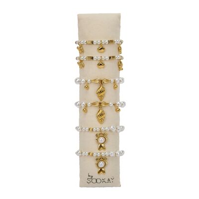Cushion of 6 elastic bracelets – Mother-of-pearl beads, stainless steel and marine pendants