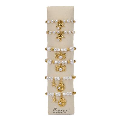 Cushion of 6 elastic bracelets – Mother-of-pearl beads, stainless steel and marine pendants