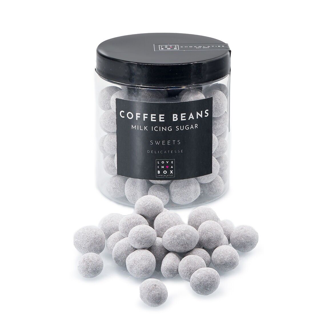 Schokoladenkaffeebohnen – Kaffeebohnen überzogen mit Milchschokolade und Puderzucker