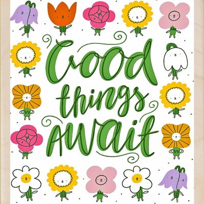 Good Things Await, Sustainable Wooden Postcards, set of 6 (10×15 cm) | The Wooden Postcard Company