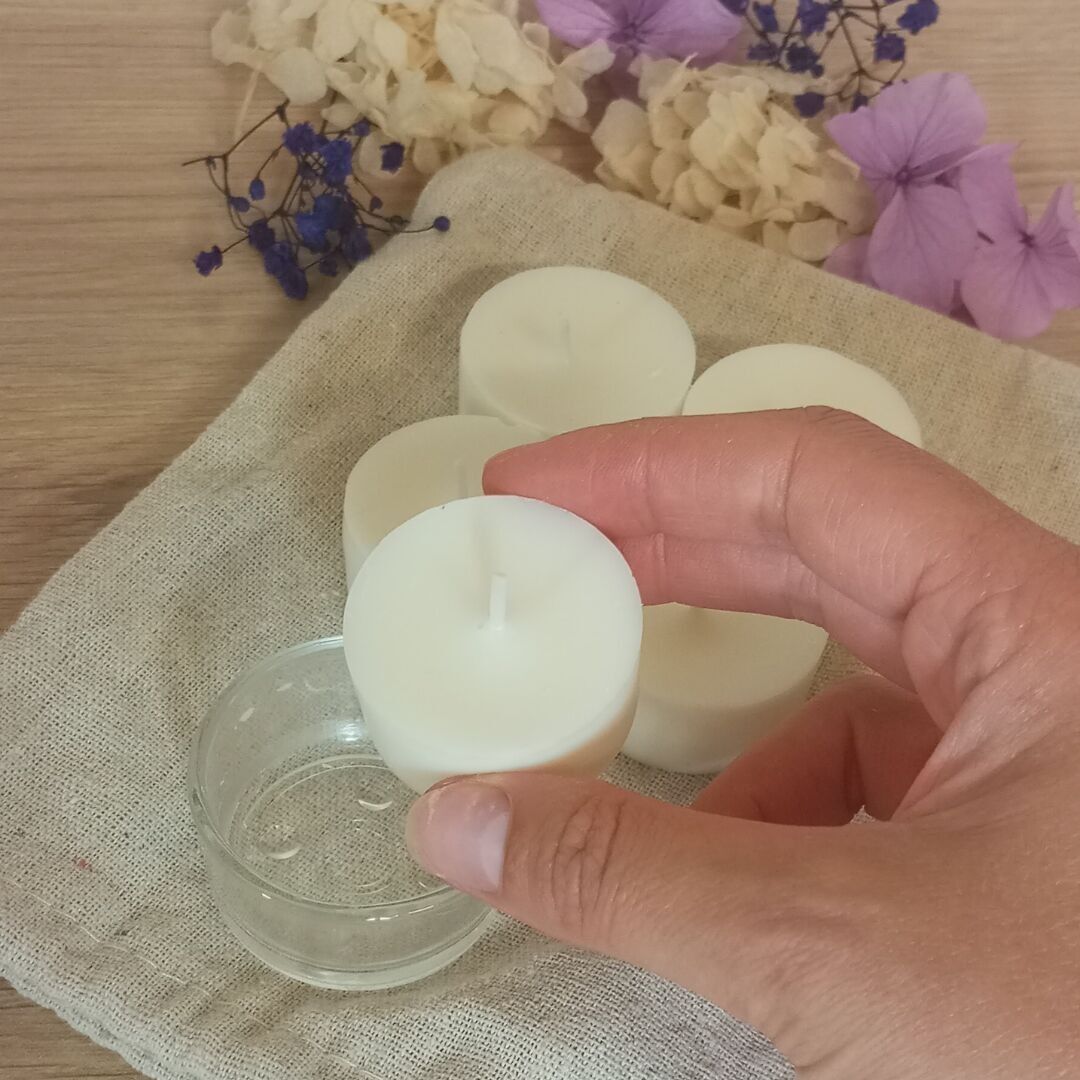Lot de 4 Bougies chauffe-plat. Non parfumé. Zéro déchet. Coupelle réutilisable en verre. Cire végétale de colza européenne sans OGM