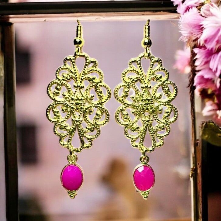 Orecchini "HELOISE", oro fino, pietra di Calcedonio rosa