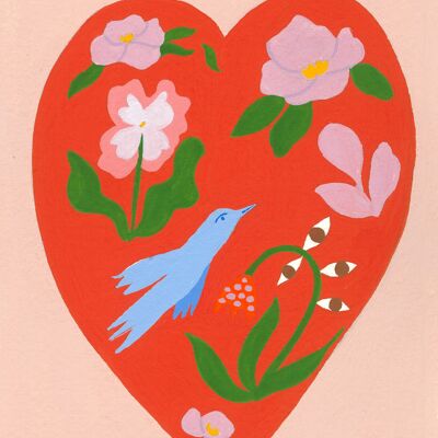 Postal reciclada - El corazón con el pájaro