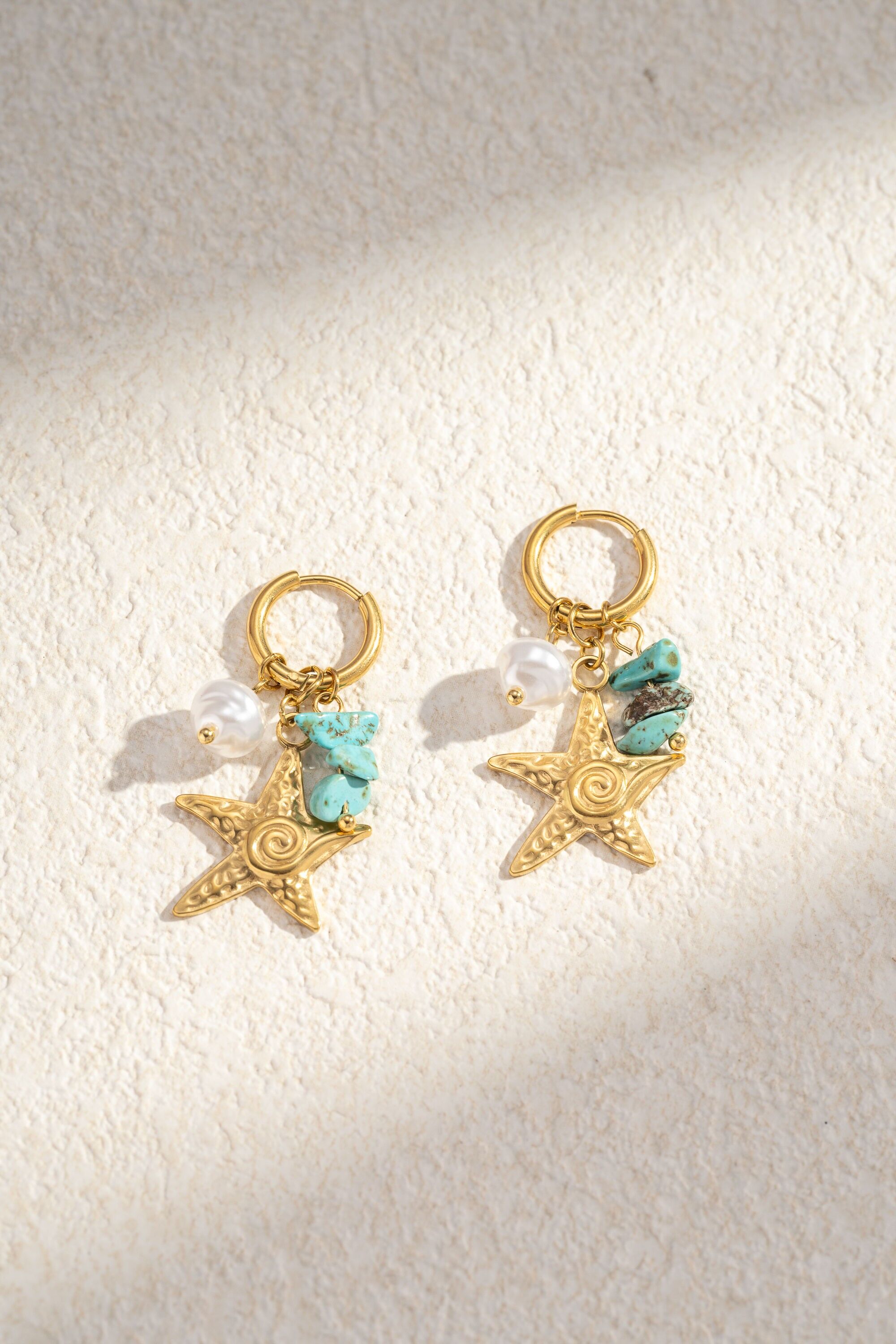 Gold Star & Turquoise Stone Earrings