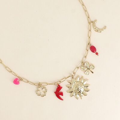 Necklace - clovers, sun, moon, bird, pearls
