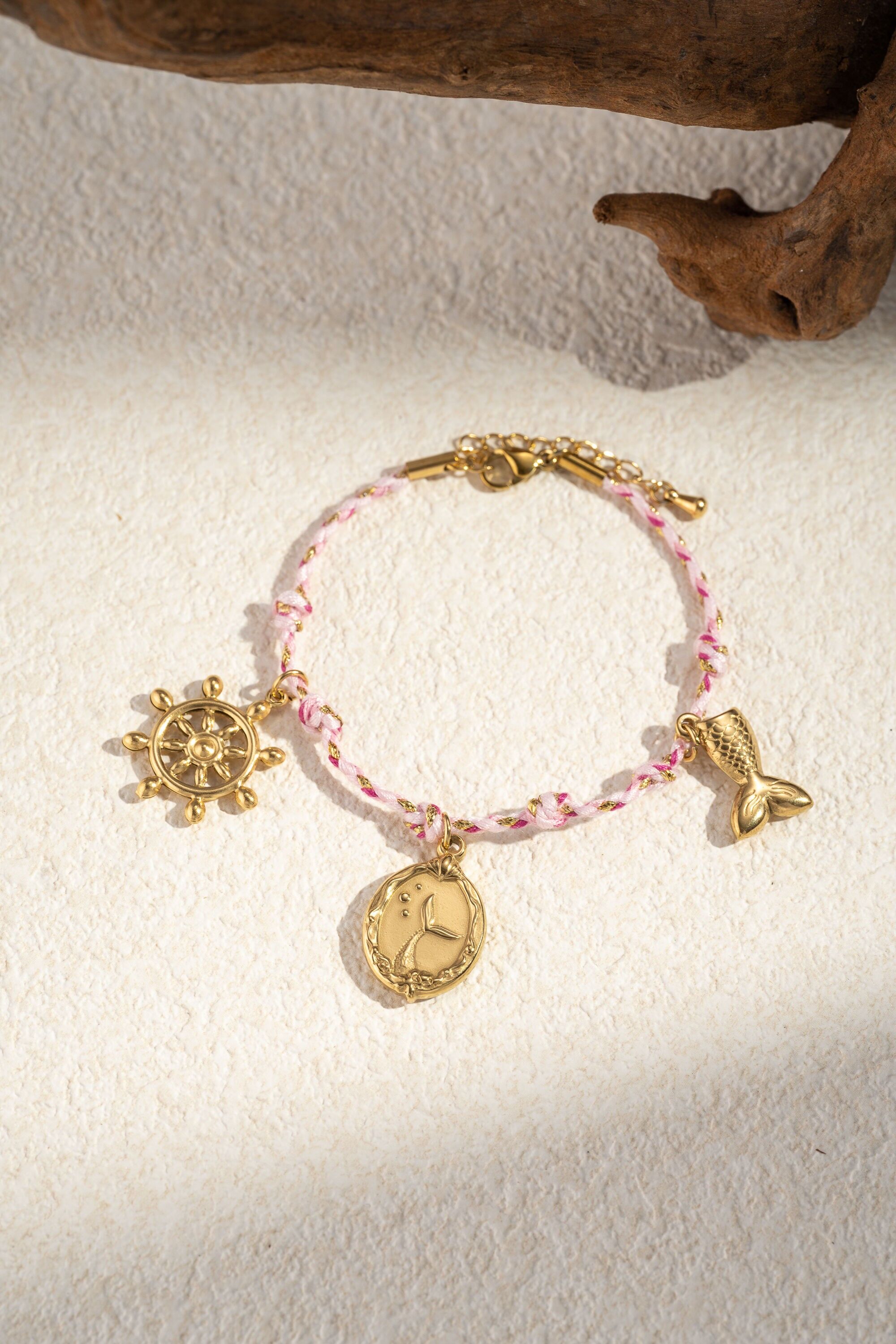 Pulsera de sirena y timón, cuerda de acero, estilo marinero