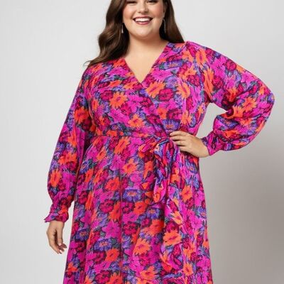 Plus size purple print wrap dress (C6529)