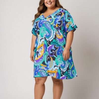 Plus size blue print trapeze dress (C6539)