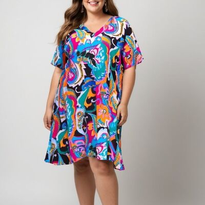 Plus size black print trapeze dress (C6539)