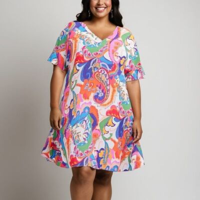 Plus size white print trapeze dress (C6539)