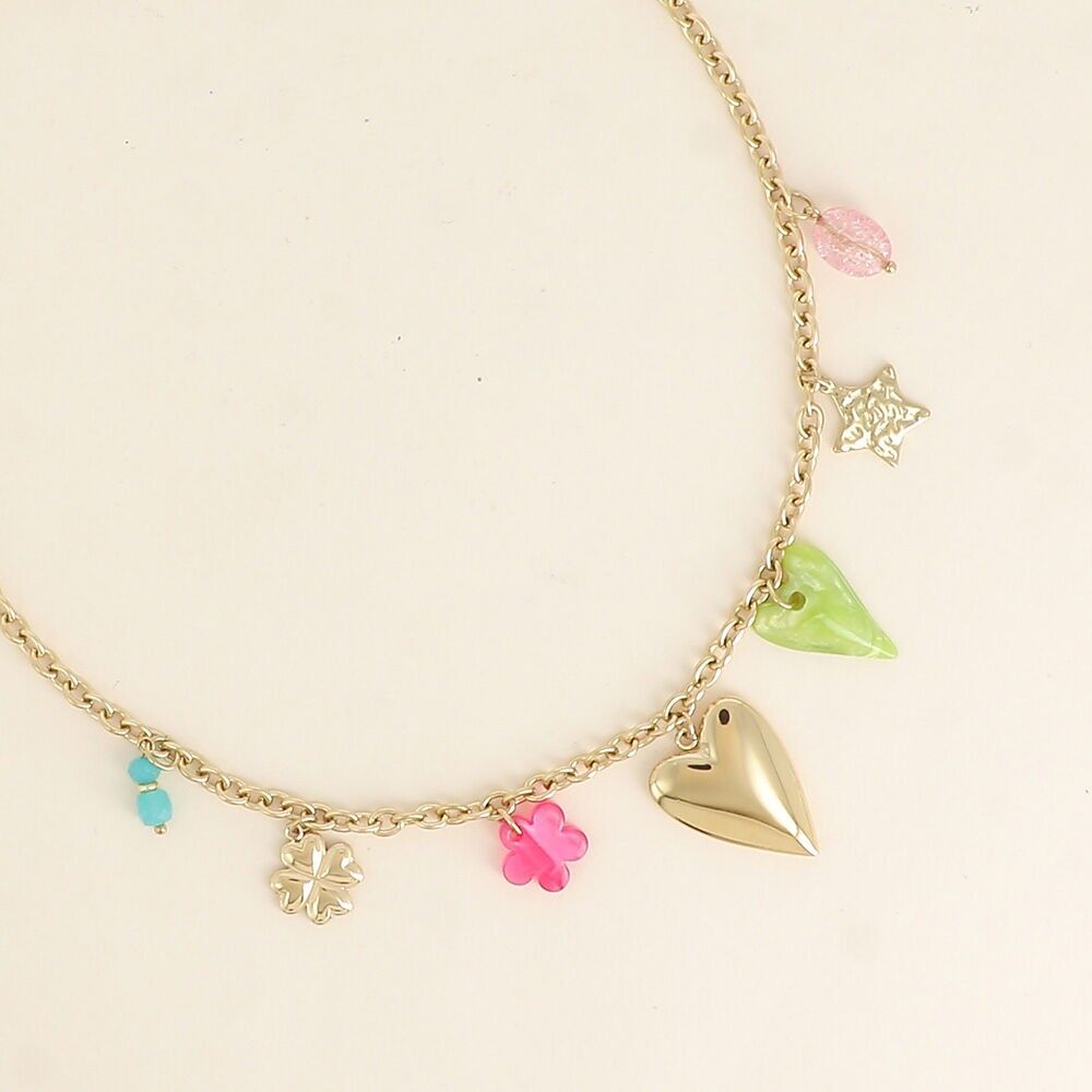 Halskette - gehämmerter Stern, Herzen, Blumenperle und Kleeblatt