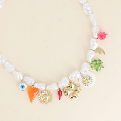 Necklace on wire - white resin beads, heart, flower, chili pepper, clovers, sun, pearly coin and bird