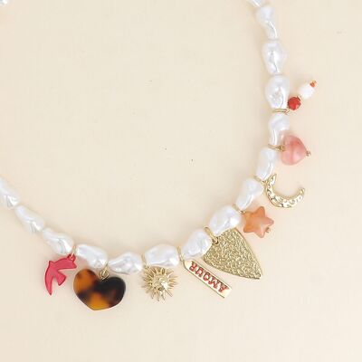 Necklace - white resin beads, hearts, sun, LOVE enamel plaque, star and moon