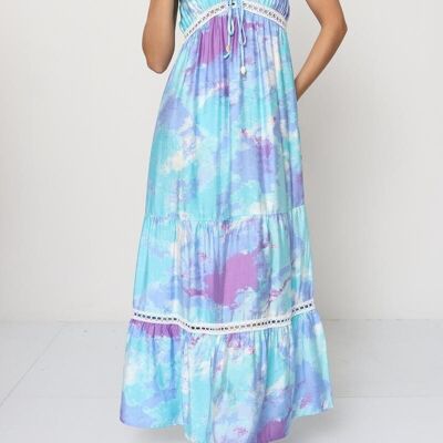 Abito lungo tie & dye con spalline larghe - Dettagli in pizzo e taglio a trapezio