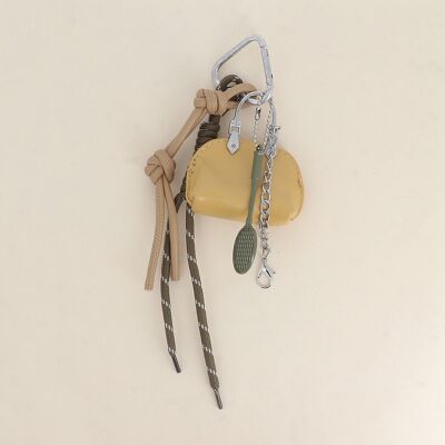 Bag charm - racket, knotted faux leather cord, lace, small faux leather handbag