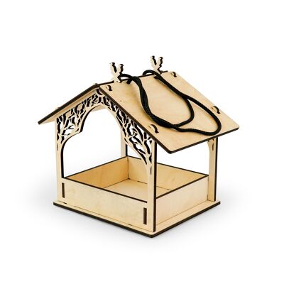 Comedero rústico de madera para pájaros, pieza decorativa y funcional para cualquier espacio al aire libre.